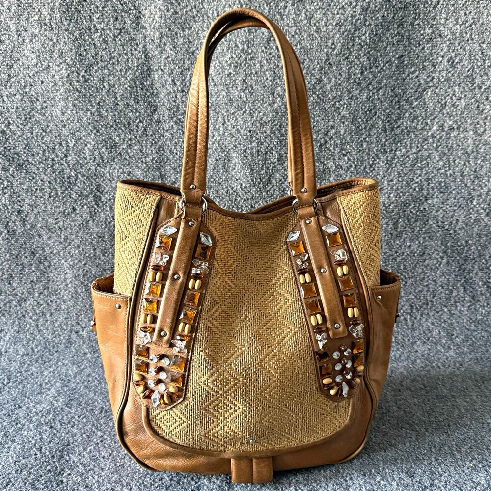 Cole Haan Sydney Woven Straw Tote Bag Leather Trim Beaded Accents Lined Pockets